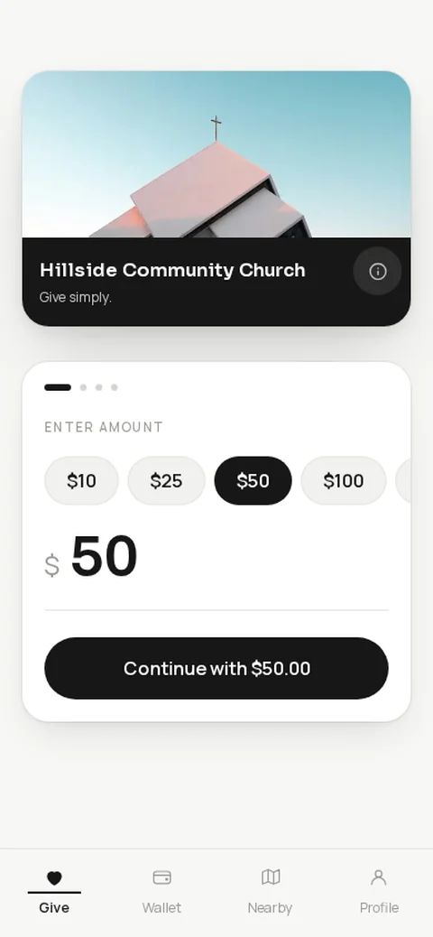 The give screen, with amount choices and a continue button