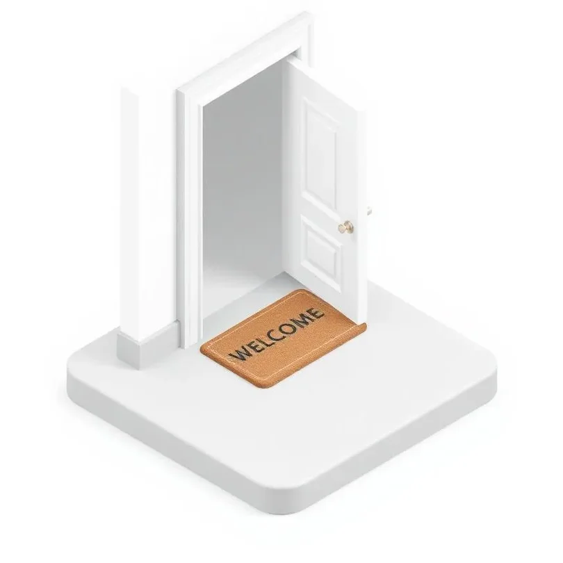 A soft 3D illustration of a shop door opening to a customer
